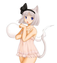 Rule 34 | 1girl, animal ears, black ribbon, blue eyes, bow, bow panties, cat ears, cat tail, chemise, chestnut mouth, covering privates, covering breasts, flat chest, hair bow, hair ribbon, hairband, kasuga yukihito, kemonomimi mode, konpaku youmu, konpaku youmu (ghost), lingerie, nightgown, panties, revision, ribbon, see-through, short hair, silver hair, solo, tail, touhou, underwear, underwear only, white panties