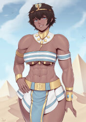 Rule 34 | 1girl, abs, absurdres, biceps, black hair, blue eyes, blush, breasts, cleavage, dark-skinned female, dark skin, day, egyptian clothes, hand on own hip, highres, large breasts, looking at viewer, muscular, muscular female, navel, original, outdoors, parted lips, short hair, smile, solo, speedl00ver, tomboy