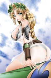 Rule 34 | 1041 (toshikazu), 1girl, ass, blonde hair, bracer, braid, breasts, from behind, green eyes, large breasts, long hair, looking at viewer, looking back, open mouth, panties, see-through, sitting, solo, sophitia alexandra, soul calibur, soulcalibur iii, underwear