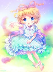 Rule 34 | 1girl, amo (shibu3), barefoot, blonde hair, blue dress, blue eyes, dress, full body, hair ribbon, highres, looking at viewer, medicine melancholy, open mouth, outstretched arm, puffy short sleeves, puffy sleeves, ribbon, sash, short sleeves, solo, sparkle, touhou, wavy hair