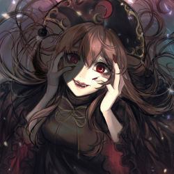 Rule 34 | 1girl, absurdres, black dress, chinese clothes, commentary request, crescent, crescent hat ornament, crescent moon, dress, eye reflection, fangs, fingernails, frilled sleeves, frills, furrowed brow, hair between eyes, hair spread out, hands on own face, hat, hat ornament, highres, junko (touhou), kyogoku-uru, light brown hair, lips, long hair, long sleeves, looking at viewer, moon, moon reflection, nail polish, neck ribbon, parted lips, red eyes, red nails, reflection, ribbon, shadow, sharp fingernails, slit pupils, smile, solo, touhou, vampire, very long fingernails, very long hair, wide sleeves