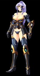 Rule 34 | 1girl, armor, belladonna mordelhyde, black background, blue eyes, breasts, chijoku no onna kishi, cleavage, drill hair, elf, female knight, full body, greaves, highres, knight, large breasts, lune (company), panties, pointy ears, ponytail, solo, tagme, underwear