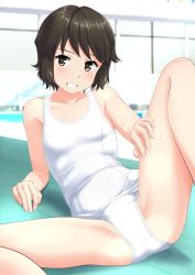 Rule 34 | 1girl, absurdres, black hair, breasts, brown eyes, brown hair, commentary request, commission, feet out of frame, grin, highres, indoors, kantai collection, looking at viewer, miyuki (kancolle), old school swimsuit, one-piece swimsuit, school swimsuit, short hair, simple background, small breasts, smile, solo, spread legs, swimsuit, takafumi, wavy hair, white background, white one-piece swimsuit