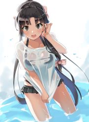 Rule 34 | 1girl, bikini, brown eyes, collarbone, commentary, dripping, hair ribbon, tucking hair, highres, kantai collection, long hair, looking at viewer, open mouth, ribbon, see-through, shirt, shouhou (kancolle), solo, swimsuit, takashi (nougyou), very long hair, water, wet, wet clothes, wet shirt