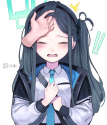 Rule 34 | !, !!, aqua halo, aris (blue archive), blue archive, blue hair, blush, closed eyes, flat chest, hairband, halo, hands up, highres, jacket, long hair, multicolored hair, necktie, open mouth, rectangular halo, side ponytail, two-tone hair, very long hair, vialle, white background, zipper