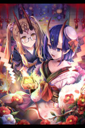Rule 34 | 2girls, :d, bad id, bad pixiv id, beret, black-framed eyewear, black kimono, black legwear, blonde hair, bow, closed mouth, commentary request, facial mark, fate/grand order, fate (series), floral print, glasses, hair between eyes, hair bow, hair ornament, hair scrunchie, hat, horns, ibaraki douji (dress for demons) (fate), ibaraki douji (fate), japanese clothes, kimono, long hair, long sleeves, looking at viewer, masu, mini hat, multiple girls, obi, oni, open mouth, pink kimono, print kimono, purple eyes, purple hair, purple scrunchie, red bow, round eyewear, sash, scrunchie, semi-rimless eyewear, shuten douji (dress for demons) (fate), shuten douji (fate), skin-covered horns, smile, thighhighs, twintails, under-rim eyewear, very long hair, white hat, yellow eyes, yunohito