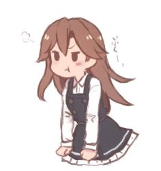 Rule 34 | 1girl, arashio (kancolle), arashio kai ni (kancolle), blush, brown hair, commentary request, cropped legs, dress, furrowed brow, kantai collection, long hair, long sleeves, lowres, pinafore dress, pout, simple background, sleeveless, sleeveless dress, solid oval eyes, solo, terrajin, white background