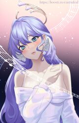 Rule 34 | 1girl, alternate costume, bare shoulders, blue dress, blue eyes, bra strap, commentary, crying, crying with eyes open, dress, eushufeal, highres, honkai: star rail, honkai (series), long hair, long sleeves, looking at viewer, applying manicure, musical note, off-shoulder dress, off shoulder, open mouth, purple hair, robin (honkai: star rail), solo, staff (music), tears, very long hair, wings