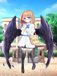 Rule 34 | 1girl, :o, bag, bare shoulders, black feathers, black footwear, black shorts, black thighhighs, black wings, blue bow, blue eyes, blue sky, blush, bow, brown hair, building, cloud, copyright request, dress, feathered wings, feathers, full body, garter straps, gate, glasses, grey-framed eyewear, hands up, highres, large wings, loafers, multicolored hair, open gate, outdoors, parted lips, railing, red hair, semi-rimless eyewear, shikito (yawa0w0), shoes, short shorts, shorts, shorts under dress, shoulder bag, sky, solo, standing, standing on one leg, streaked hair, thighhighs, under-rim eyewear, white dress, window, wings, wrist cuffs