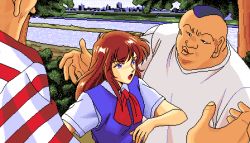 Rule 34 | 1990s (style), 1girl, 2boys, 5 jikanme no venus, brown hair, fairy dust, fat, fat man, game cg, lowres, mohawk, multiple boys, outdoors, pc98, pixel art, retro artstyle, tagme