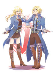 Rule 34 | 1boy, 1girl, aqua eyes, beatrice (tales), belt, blonde hair, blush, boots, breasts, coat, highres, long hair, open mouth, pants, short hair, silas (tales), skirt, smile, sword, tales of (series), tales of link, thighhighs, weapon