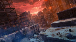 Rule 34 | building, city, cloud, commentary, dutch angle, haguruma rapt, highres, light particles, no humans, original, outdoors, post-apocalypse, red theme, ruins, scenery, sky
