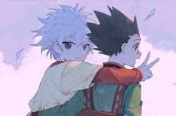 Rule 34 | 2boys, arm over shoulder, backpack, bag, bandaid, bandaid on face, bandaid on nose, black hair, blue eyes, brown eyes, closed mouth, cloud, gon freecss, hair between eyes, highres, hunter x hunter, jacket, kiko, killua zoldyck, layered sleeves, long sleeves, looking at viewer, looking back, male focus, multiple boys, open mouth, outdoors, sky, spiked hair, upper body, v, white hair