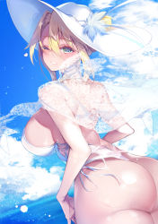 Rule 34 | 1girl, absurdres, artoria pendragon (all), artoria pendragon (fate), artoria pendragon (swimsuit ruler) (fate), artoria pendragon (swimsuit ruler) (second ascension) (fate), ass, beach, blonde hair, breasts, cloud, day, fate/grand order, fate (series), green eyes, hat, highres, kanola u, large breasts, looking at viewer, looking back, one-piece swimsuit, parted lips, short hair, sky, smile, solo, sun hat, swimsuit, white one-piece swimsuit