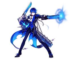 Rule 34 | 1boy, black coat, black footwear, black gloves, black pants, blue eyes, blue hair, blue shirt, bow, chain, ciel (elsword), closed mouth, coat, cross, cross earrings, dual wielding, earrings, elsword, full body, gloves, gun, highres, holding, holding gun, holding weapon, hwansang, jewelry, looking away, male focus, official art, pants, pointy ears, royal guard (elsword), serious, shirt, shoes, solo, standing, transparent background, weapon, white bow