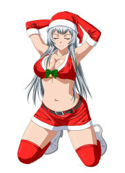 Rule 34 | 00s, 1girl, armpits, belt, bra, breasts, chouun shiryuu, cleavage, closed eyes, collarbone, costume, elbow gloves, female focus, gloves, hat, ikkitousen, large breasts, long hair, miniskirt, navel, over-kneehighs, red bra, red eyes, red gloves, red hat, red skirt, santa gloves, santa hat, shiny clothes, sideboob, simple background, skirt, smile, solo, thighhighs, underwear, white background, white hair