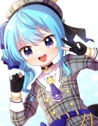 Rule 34 | 1girl, :d, belt, beret, blue hair, blush, bow skirt, bracelet, buttons, choker, collared shirt, double-breasted, gloves, hat, highres, hololive, hoshimachi suisei, hoshimachi suisei (1st costume), jacket, jewelry, long sleeves, looking at viewer, mmmera827, nail polish, neckerchief, open mouth, partially fingerless gloves, pendant, pendant choker, plaid, plaid jacket, purple eyes, shirt, smile, solo, star (symbol), star in eye, star ornament, symbol in eye, v, virtual youtuber