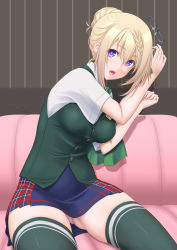 Rule 34 | 1girl, blonde hair, blue skirt, braid, braided bun, breasts, cape, commentary request, couch, dress shirt, unworn eyewear, green cape, green thighhighs, green vest, hair bun, highres, holding, holding removed eyewear, kantai collection, long hair, looking at viewer, medium breasts, panties, pantyshot, perth (kancolle), plaid, plaid skirt, pleated skirt, purple eyes, school uniform, shirt, short sleeves, simple background, sitting, skirt, solo, t2r, thighhighs, underwear, vest, white background, white shirt, wooden wall