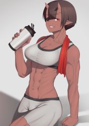 Rule 34 | 1girl, abs, absurdres, bike shorts, bottle, breasts, brown hair, dark skin, dark-skinned female, eyepatch, grey background, grin, highres, holding, holding bottle, horns, looking at viewer, muscular, muscular female, oni, oni horns, original, pointy ears, putcher, red eyes, short hair, shorts, simple background, smile, solo, sports bra, towel, towel around neck, water bottle