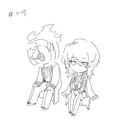 Rule 34 | 1girl, 1other, chibi, closed mouth, coat, coat on shoulders, collared shirt, dante (limbus company), expressionless, faust (project moon), greyscale, highres, ivy (675671), limbus company, looking at viewer, monochrome, necktie, own hands together, pants, project moon, ribbed sweater, shirt, short hair, simple background, sitting, sweater