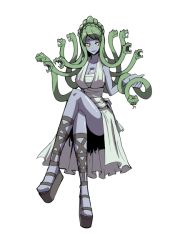 Rule 34 | 1girl, bare shoulders, breasts, cleavage, snake hair, green hair, monster girl, shoes, snake, white background, yellow eyes