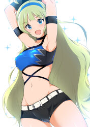 Rule 34 | 1girl, ahoge, armband, armpits, arms up, belt, black armband, black choker, black shorts, blue eyes, blunt bangs, blurry, blush, breasts, cameltoe, choker, cowboy shot, depth of field, dot nose, green hair, idolmaster, idolmaster million live!, idolmaster million live! theater days, long hair, looking at viewer, maruwa tarou, medium breasts, midriff, navel, open mouth, shimabara elena, shorts, simple background, smile, solo, sparkle, standing, two-tone bandeau, white background, white belt
