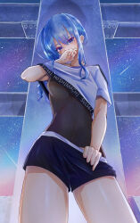 Rule 34 | 1girl, blue eyes, blue hair, boco deco, breasts, covered navel, covering own mouth, cowboy shot, crop top, hair between eyes, hand up, high side ponytail, highres, hololive, hololive dance practice uniform, hoshimachi suisei, leotard, leotard under clothes, looking at viewer, medium breasts, official alternate costume, shirt, short shorts, short sleeves, shorts, sky, solo, star (sky), star (symbol), star in eye, starry sky, symbol in eye, thighs, virtual youtuber, white shirt