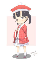 Rule 34 | 1girl, absurdres, black hair, dress, full body, fyuo, grey eyes, hanten (clothes), hat, highres, kantai collection, looking at viewer, one-hour drawing challenge, red hat, sailor hat, shoes, short hair, shounan (kancolle), simple background, socks, solo, standing, twintails, unmoving pattern, uwabaki, white background, white dress, white socks