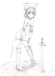 Rule 34 | 1girl, armor, bare shoulders, bikini armor, bikini pull, boots, breasts, bridal gauntlets, check commentary, clothes pull, collarbone, commentary request, full body, gauntlets, graphite (medium), greyscale, halo, harumachi nagaaki, monochrome, navel, original, outdoors, panties, panty pull, pigeon-toed, planted, planted sword, planted weapon, pulling own clothes, short hair, simple background, small breasts, solo, standing, sword, thigh boots, thighhighs, traditional media, underboob, underwear, undressing, weapon