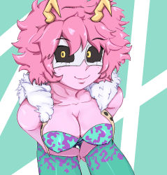 Rule 34 | 10s, 1girl, ashido mina, ass, bare arms, bare shoulders, black sclera, boku no hero academia, breasts, cleavage, colored sclera, colored skin, curvy, hip focus, horns, medium breasts, pink hair, pink skin, short hair, smile, solo, thighs, uirou-zazami, vest, yellow eyes
