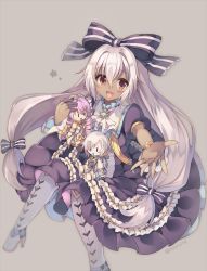 Rule 34 | 1girl, asymmetrical sleeves, boots, bow, bracelet, character request, jewelry, long hair, long sleeves, looking at viewer, mireille lerner, mismatched sleeves, open mouth, outstretched arm, outstretched hand, purple bow, red eyes, rento (rukeai), shironeko project, short sleeves, smile, solo, star (symbol), striped, tan, white hair