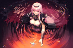 Rule 34 | 1girl, artist name, black cloak, black dress, black headwear, black nails, breasts, center opening, cleavage, cloak, closed mouth, commentary, dress, english commentary, expressionless, feathers, from above, highres, hololive, hololive english, large breasts, long hair, looking at viewer, mori calliope, nail polish, partially submerged, petals, pink eyes, pink hair, ripples, rosuuri, solo, spikes, straight hair, tiara, upper body, vambraces, veil, virtual youtuber, water, watermark, web address