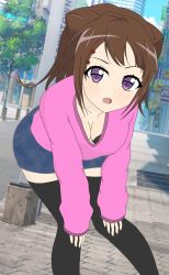 Rule 34 | 1girl, ains, bang dream!, black bra, blush, bra, bra peek, breasts, brown hair, building, city, cleavage, cloud, downblouse, dutch angle, hands on legs, highres, leaning forward, long hair, looking at viewer, open mouth, outdoors, plant, purple eyes, skirt, sky, solo, thighhighs, toyama kasumi, tree, underwear