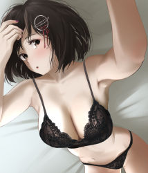 Rule 34 | 1girl, :o, armpits, arms up, bare arms, bare shoulders, black bra, black hair, black panties, blush, bra, breasts, brown eyes, cleavage, collarbone, commentary request, commission, from above, haguro (kancolle), hair ornament, highres, kantai collection, lace, lace-trimmed bra, lace trim, large breasts, looking at viewer, lying, navel, on back, open mouth, panties, pixiv commission, short hair, solo, tama (tamago), underwear, underwear only