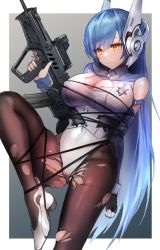 Rule 34 | 1girl, assault rifle, bad id, bad pixiv id, blue hair, brown pantyhose, bullpup, commentary, commission, dano, english commentary, girls&#039; frontline, gun, hexagram, highres, holding, holding gun, holding weapon, iwi tavor, leotard, long hair, pantyhose, pixiv commission, restrained, rifle, robot ears, shoes, smile, solo, standing, standing on one leg, star of david, tar-21 (girls&#039; frontline), torn clothes, torn leotard, torn pantyhose, very long hair, weapon, white footwear, white leotard, yellow eyes