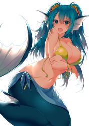 Rule 34 | 1girl, absurdres, ahoge, bad id, bad pixiv id, bare arms, bare shoulders, bikini, bikini top only, blue eyes, blue hair, blush, breast hold, breasts, cleavage, colored eyelashes, covered erect nipples, embarrassed, fang, fins, flower, groin, hair flower, hair ornament, head fins, highres, large breasts, leaning forward, long hair, looking at viewer, mermaid, monster girl, navel, open mouth, original, sarong, shiny clothes, simple background, solo, stomach, suruga (xsurugax), sweatdrop, swimsuit, twintails, untied bikini, very long hair, white background, yellow bikini