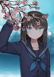 Rule 34 | 1girl, arm up, bad id, bad pixiv id, black shirt, blue eyes, blue neckerchief, blue sailor collar, blurry, blurry background, branch, breasts, brown hair, closed mouth, commentary request, depth of field, flower, hair between eyes, kurata rine, long hair, long sleeves, looking at viewer, neckerchief, original, pink flower, sailor collar, school uniform, serafuku, shirt, small breasts, solo, upper body