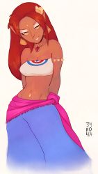 Rule 34 | 1girl, 34no404, alternate universe, armlet, arms behind back, bare shoulders, breasts, cleavage, commentary, contrapposto, dark-skinned female, dark skin, earrings, eyeshadow, female focus, flower, forehead, forehead jewel, gerudo, gorget, hair flower, hair ornament, half-closed eyes, harem pants, head tilt, highres, jewelry, lipstick, long hair, looking at viewer, makeup, marin (zelda), midriff, navel, navel piercing, nintendo, pants, pendant, piercing, pointy ears, pointy nose, red hair, sarong, seductive smile, simple background, small breasts, smile, solo, strapless, the legend of zelda, the legend of zelda: link&#039;s awakening, tube top, yellow eyes
