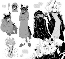 Rule 34 | 4boys, aak (arknights), animal ear fluff, animal ears, arknights, character request, check character, closed mouth, diagonal stripes, fang, fang out, greyscale, hair between eyes, hair over one eye, hat, hood, hood down, hood up, hoodie, horns, iwashi 80, jaye (arknights), long hoodie, long sleeves, male focus, mask, mask on head, monochrome, multiple boys, nurse cap, open clothes, shirt, short eyebrows, simple background, sleep mask, sleeves past fingers, sleeves past wrists, slippers, socks, standing, striped, sweater, thick eyebrows, tongue, tongue out, translation request, turtleneck, turtleneck sweater, white background