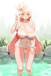 Rule 34 | 1girl, absurdres, bad id, bad pixiv id, bare shoulders, blonde hair, blush, breasts, censored, choker, cleavage, clothes lift, dress, dress lift, elsword, hat, highres, huge breasts, long hair, looking at viewer, mosaic censoring, open mouth, orange eyes, panties, panty pull, secretbusiness, smile, solo, standing, strap pull, symbol-shaped pupils, underwear, v, water, white dress, white panties, wristband