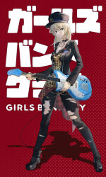 Rule 34 | 1girl, absurdres, animal print, black choker, black footwear, black jacket, black nails, black pantyhose, boots, breasts, choker, cleavage, closed mouth, commentary, copyright name, ear piercing, electric guitar, full body, girls band cry, grey eyes, guitar, halftone texture, highres, holding, holding guitar, holding instrument, instrument, jacket, jewelry, jimizuai-, kawaragi momoka, legs apart, leopard print, light brown hair, long hair, multiple rings, pantyhose, piercing, print shirt, red background, ring, shadow, shirt, smile, solo, standing, torn clothes, torn pantyhose