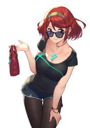 Rule 34 | 1girl, alternate costume, bag, black pantyhose, black shirt, blue-tinted eyewear, blue-tinted glasses, bracelet, casual, closed eyes, collarbone, cowboy shot, cutoffs, denim, denim shorts, earrings, hairband, hand on own thigh, hand up, highres, holding, holding bag, jewelry, looking at viewer, looking over eyewear, looking over glasses, madyy, nail polish, necklace, nintendo, pantyhose, pantyhose under shorts, pink nails, pyra (xenoblade), red eyes, red hair, shirt, short hair, short shorts, short sleeves, shorts, simple background, smile, solo, standing, sunglasses, swept bangs, tinted eyewear, white background, xenoblade chronicles (series), xenoblade chronicles 2