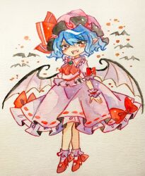 Rule 34 | 1girl, ascot, bat (animal), blue hair, bow, brooch, dress, fangs, frilled socks, frills, full body, hat, jewelry, key747h, looking at viewer, mary janes, mob cap, open mouth, painting (medium), pink dress, pink hat, pink socks, red ascot, red bow, red eyes, red footwear, red ribbon, remilia scarlet, ribbon, ribbon-trimmed dress, shoes, short hair, short sleeves, simple background, smile, socks, solo, standing, touhou, traditional media, watercolor (medium), white background, wings, wrist cuffs