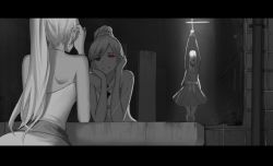 Rule 34 | 2girls, arms up, blue eyes, breasts, cleavage, collarbone, dishwasher1910, dress, grin, head rest, heterochromia, high ponytail, indoors, jewelry, letterboxed, limited palette, long hair, mirror, multiple girls, necklace, neo politan, red eyes, restrained, rwby, short dress, silver hair, smile, strapless, very long hair, weiss schnee