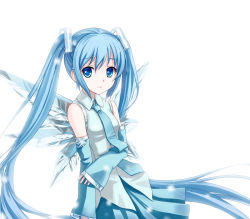 Rule 34 | 1girl, alternate color, alternate hair color, blue eyes, blue hair, detached sleeves, hatsune miku, ice, ice wings, light smile, long hair, matching hair/eyes, necktie, simple background, skirt, smile, snow, snowflakes, solo, tucana, twintails, very long hair, vocaloid, wings