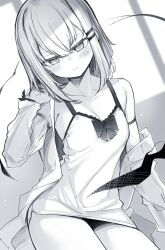 1girl adjusting_hair blurry blush bob_cut bow closed_mouth collarbone depth_of_field dot_nose dutch_angle expressionless hair_ornament hairclip highres indoors looking_at_viewer monochrome nightgown open_clothes open_shirt original otokuyou ringo-chan_(otokuyou) shirt short_hair sidelocks