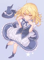 Rule 34 | 1girl, ahoge, blonde hair, blue background, braid, dress, hat, unworn hat, unworn headwear, highres, ka022k2, kirisame marisa, long hair, looking at viewer, simple background, single braid, smile, solo, star (symbol), touhou, witch hat, yellow eyes