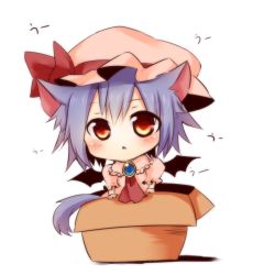 Rule 34 | 1girl, :&lt;, animal ears, ascot, bat wings, blue hair, blush, box, brooch, cardboard box, cat ears, cat tail, chibi, dress, for adoption, hat, hat ribbon, in box, in container, jewelry, looking at viewer, pink dress, red eyes, remilia scarlet, ribbon, short hair, simple background, solo, tail, tosura-ayato, touhou, translated, uu~, white background, wings