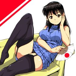 Rule 34 | 1girl, black hair, black thighhighs, brown eyes, commentary request, couch, folding fan, garter straps, hand fan, head rest, japanese flag, kamisimo 90, knee up, long hair, original, ribbed sweater, sitting, smile, solo, sweater, sweater girl (kamisimo 90), sweater vest, thighhighs