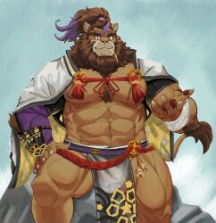 Rule 34 | 1boy, abs, absurdres, animal ears, bara, claws, commentary, english commentary, fundoshi, furry, furry male, hand on own thigh, highres, japanese clothes, lhjal2, lion boy, lion ears, lion mane, lion tail, live a hero, loincloth, looking at viewer, male focus, mouth hold, muscular, muscular male, nipples, on rock, open hand, pawpads, pectorals, ponytail, sitting, solo, stalk in mouth, tail, thick eyebrows, toshu (live a hero), whiskers